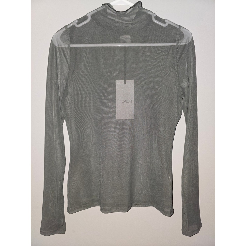 CALIA Women Draped Funnel Long Sleeve Mesh Top Ivy Green Sheer Funnel Neck S NEW